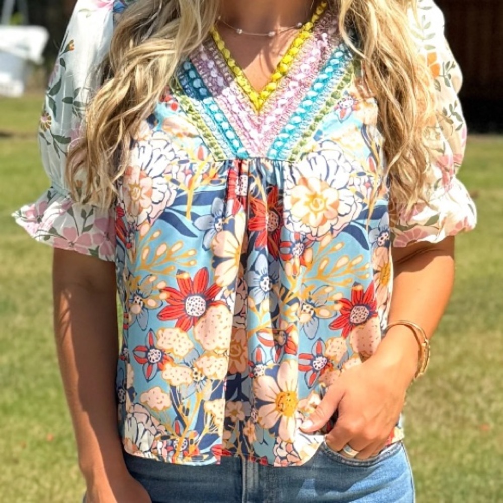 Blue and Pink Graphic Peplum Blouse with 3/4 Sleeves